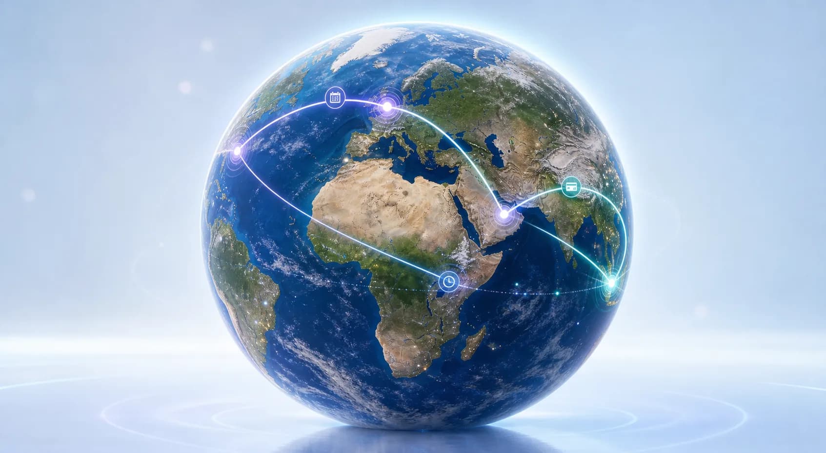 Earth connected by global booking, payment and time-zone routes